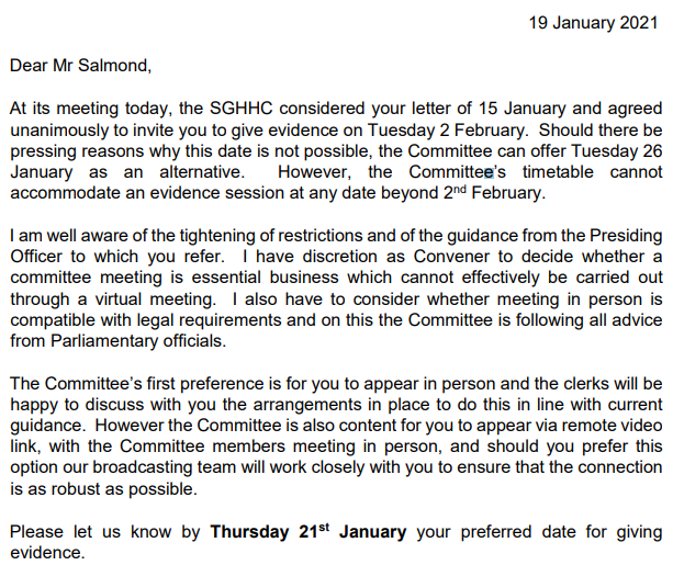 Latest in the back and forth between Alex Salmond and the Holyrood inquiry committee - they're now asking if he can come in on February 2nd *at the very latest*. Have also offered 26 January - altho they've also invited Peter Murrell to give further evidence on one of those dates