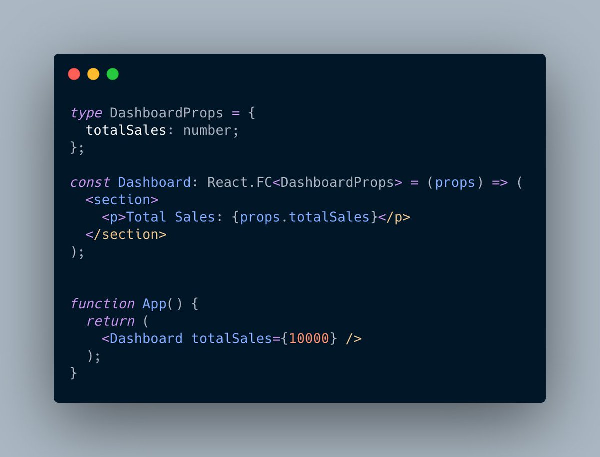 React.FC is going to expect an argument which is a type or interface for the props of that component.For example, if we had a Dashboard component, we might want to pass a DashboardProps type as the argument to React.FC. https://gist.github.com/chenkie/d3ce07332b6fe24902f47a9b92401e89#file-react-types-ts-L3-L12