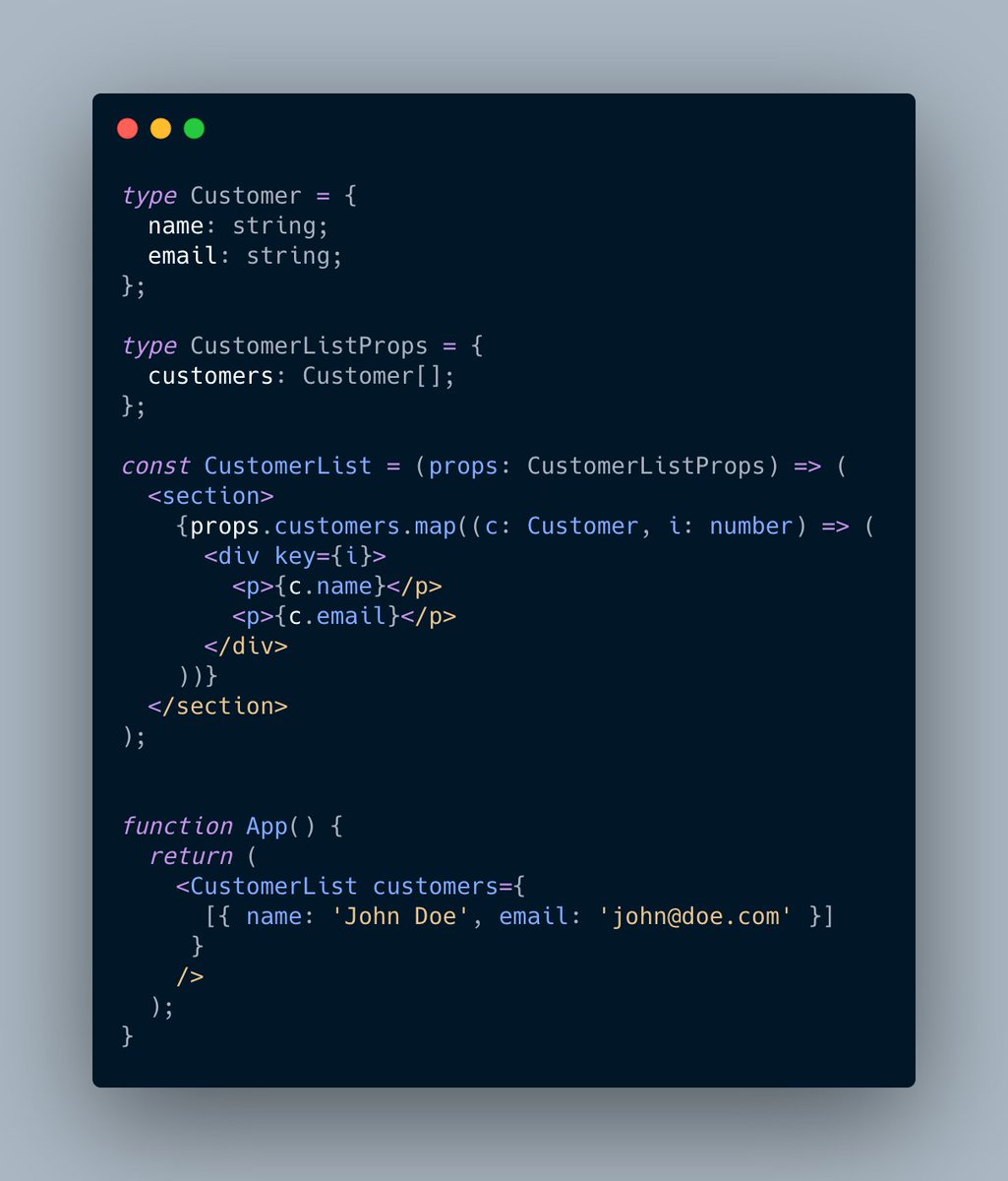 If you don't want to use React.FC but you still want type hinting for your props, you can just type-hint the props param with your type or interface. https://gist.github.com/chenkie/d3ce07332b6fe24902f47a9b92401e89#file-react-types-ts-L14-L33