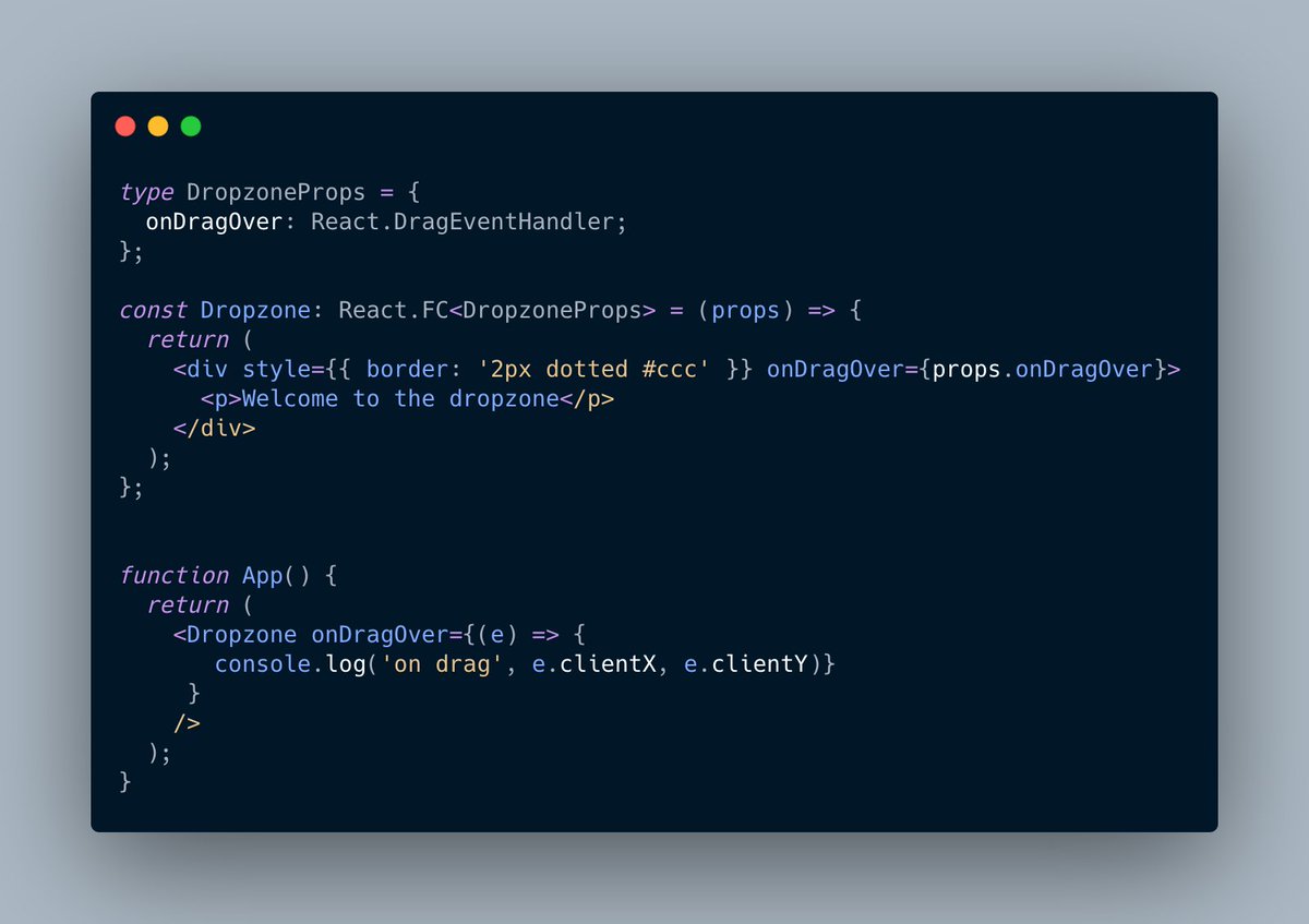 React ships a lot of types that can be used for event handlers. These are great for giving you type hints on specific events so that your handler functions are easier to write.Here's an example of the React.DragEventHandler type. https://gist.github.com/chenkie/d3ce07332b6fe24902f47a9b92401e89#file-react-types-ts-L35-L46