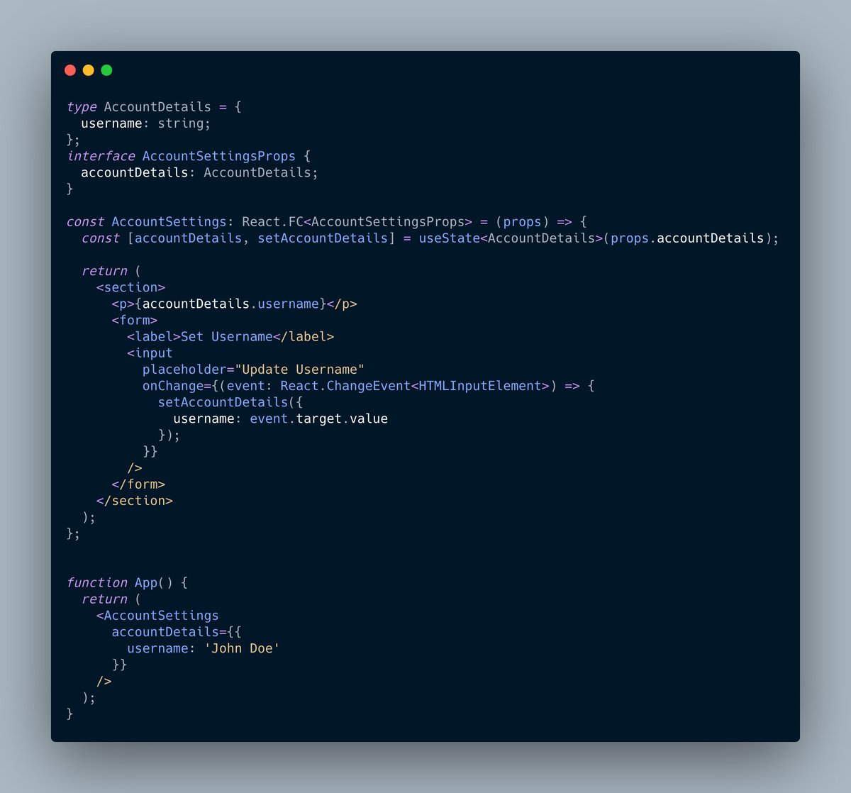 It's quite useful to pass a type argument to useState and other hooks.While not required, passing the type informs you about what you can do when you update state.In this example, the state update needs to have an object with a username key. https://gist.github.com/chenkie/d3ce07332b6fe24902f47a9b92401e89#file-react-types-ts-L48-L75