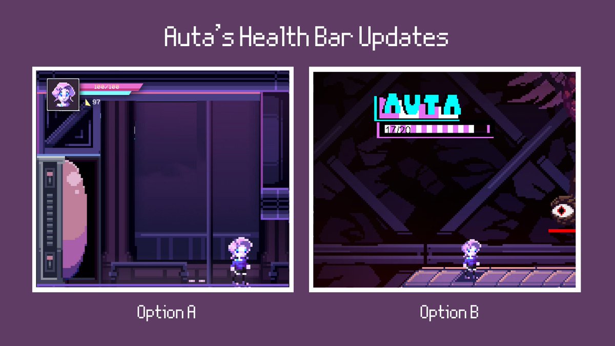 AutaGame's tweet image. We're rethinking the UI for our health bar! 💕

Which option do you like better? 

((#indiedev #gamedesign #UXUI))