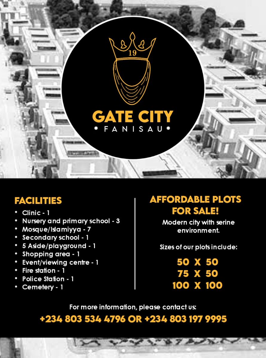 Do you want to own a plot in one of the best modern cities in Kano? Follow and contact @gate_city_kano for more information. Also don't forget to send us a DM for your creative designs, thank you!