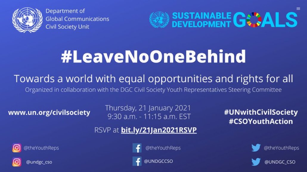 Activate1M1B's tweet photo. We are honored to be at 1st civil society briefing in 2021 led by @theYouthReps 

Sharing examples &amp; ideas about creating a world with equal opportunities &amp; rights for all

🗓️21 Jan 🕤9:30 AM EST
RSVP https://t.co/pNRHqipsgI
#LeaveNoOneBehind #UNwithCivilSociety

@UNDGC_CSO https://t.co/QVNCDb2SKz
