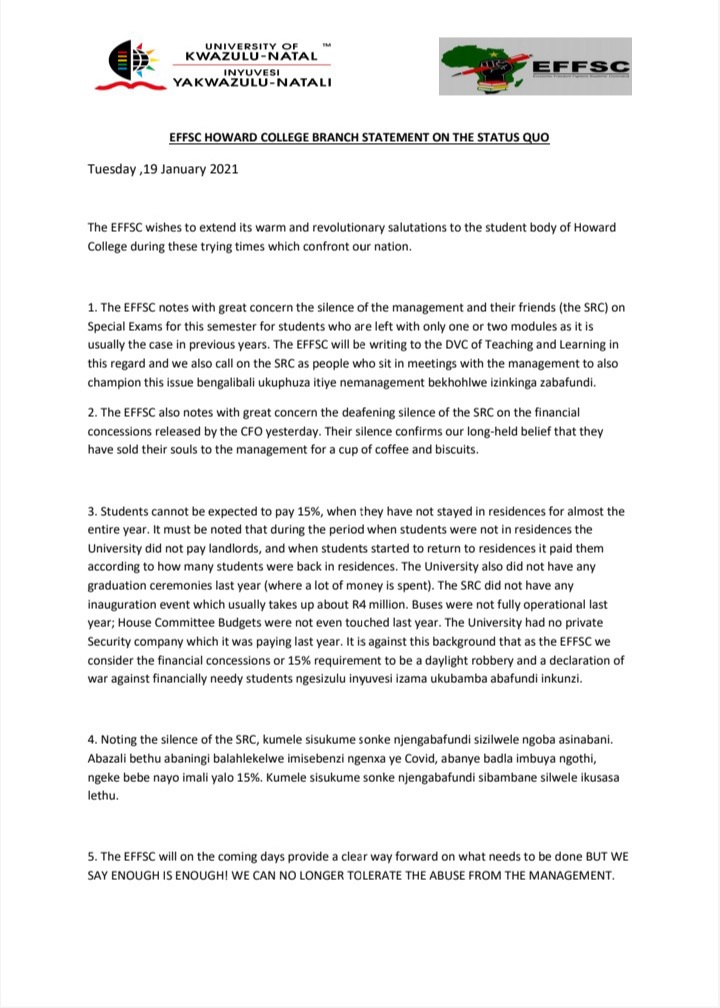 EffscHc's tweet photo. EFFSC Howard college Branch Statement on the status Quo 
#SizofundaNgenkani2021 https://t.co/fH4SQ5UdAd