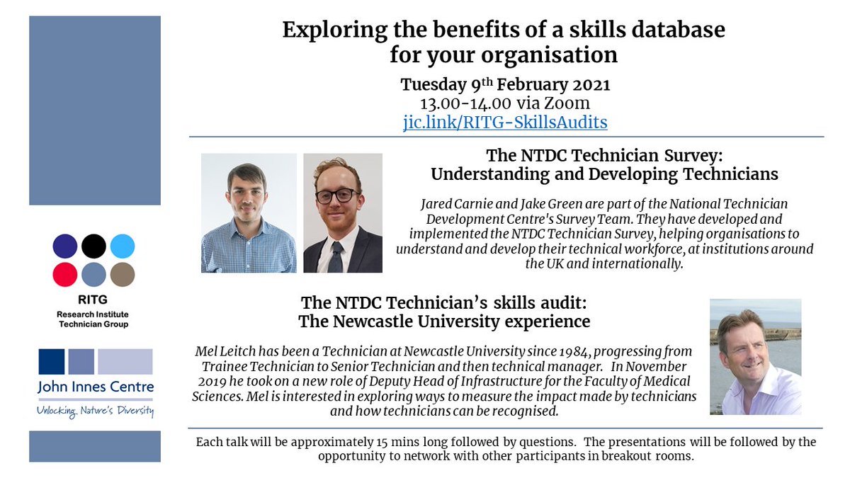 Want to hear more about technical skill databases. Join our event. Details below @TechnicianGroup @NTDCtweets @MelLeitch @JohnInnesCentre