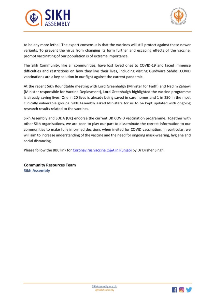 sikhassembly's tweet photo. SA urges all communities to accept the call for Covid vaccination as a key step to creating a safer environment. Sikh Doctors and Dentists Association (U.K.) have worked with @sikhassembly to produce the guidance attached and Punjabi video https://t.co/Uc1kL07rWy @ColinBloom https://t.co/mk8JBq1oap