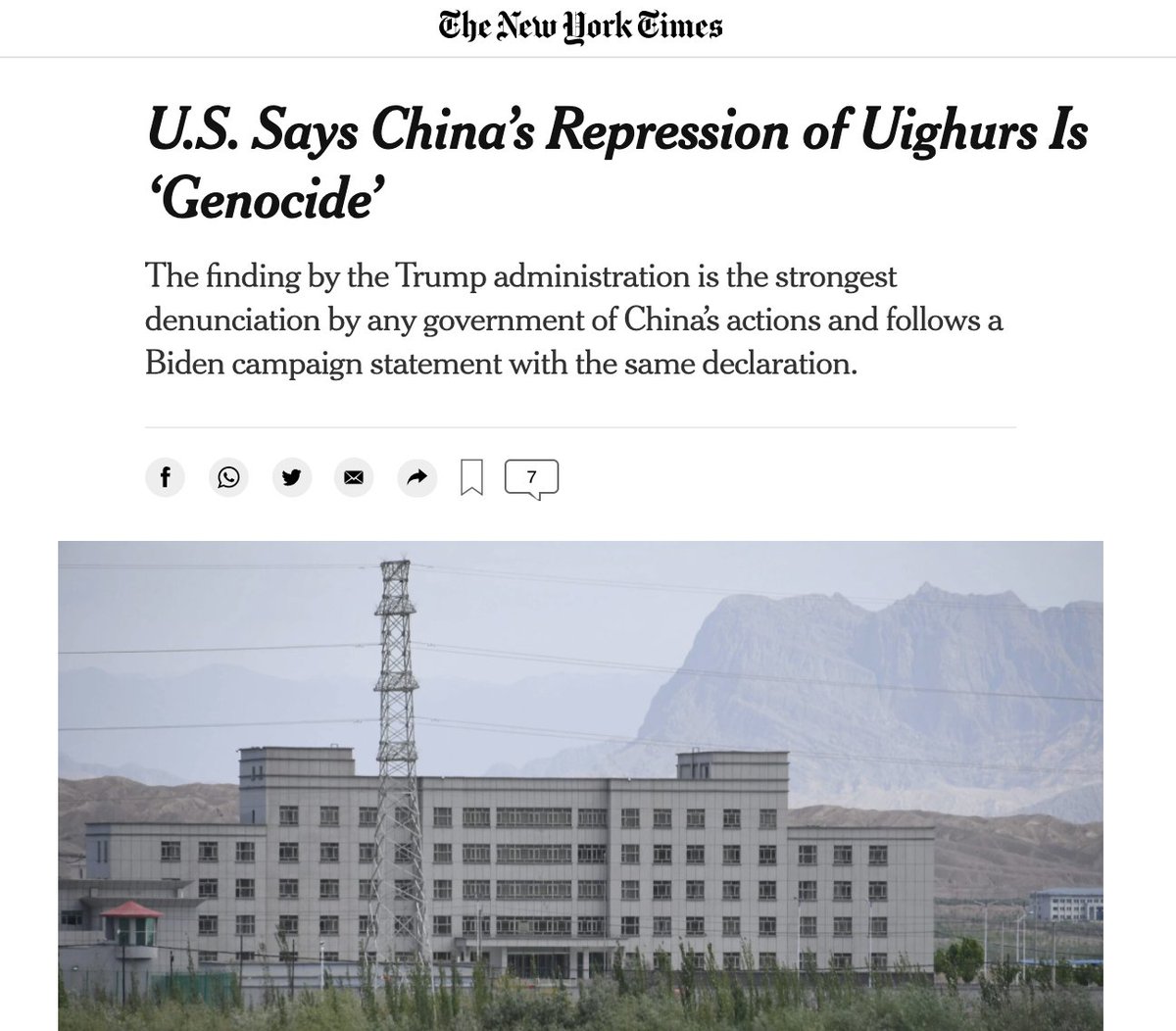 MsMelChen's tweet photo. Sec. Pompeo's final act on China: 

Recognizing the CCP's actions against the Uighurs as a "genocide." 

I loathe takes that view this through the lens of this "helps Trump's legacy" or "strains Biden's relationship with China."

This is the right thing to do. End of analysis. https://t.co/vwJLtgsCKm