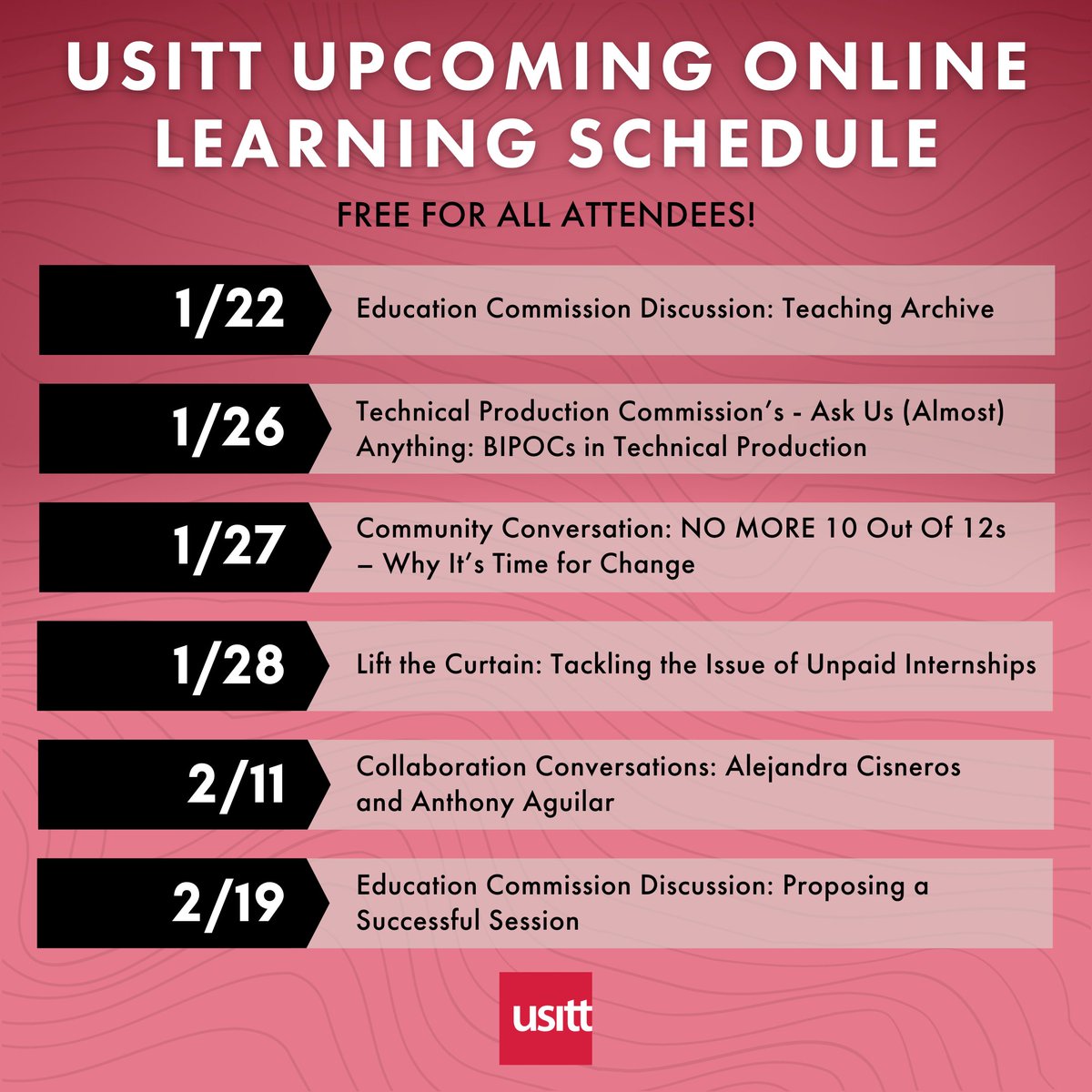 usitt's tweet photo. Learn all about our latest online learning opportunities β FREE to all attendees β and sign up today by visiting https://t.co/yNCuCCFxVI!
#USITT #OnlineLearning #FreeWebinar #10outof12 #UnpaidInternships #CollaborationConversations https://t.co/b4KiaKkFNW