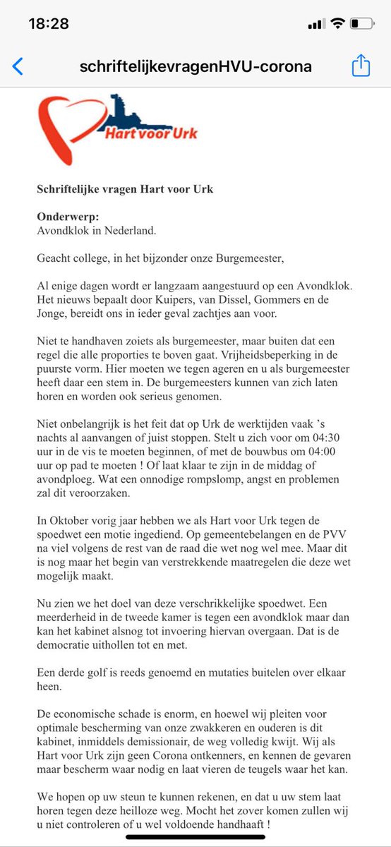 Schoonmaker10's tweet photo. Ingezonden brief namens Hart voor Urk tegen de aankomende avondklok, nuchter en duidelijk verwoord 👍

Hopelijk volgt de rest van de Urker politiek hierin! 

@SGPURK @CDAUrk @PVV_Urk @gemeentebel_urk @christenunieurk https://t.co/helUr4Fphi