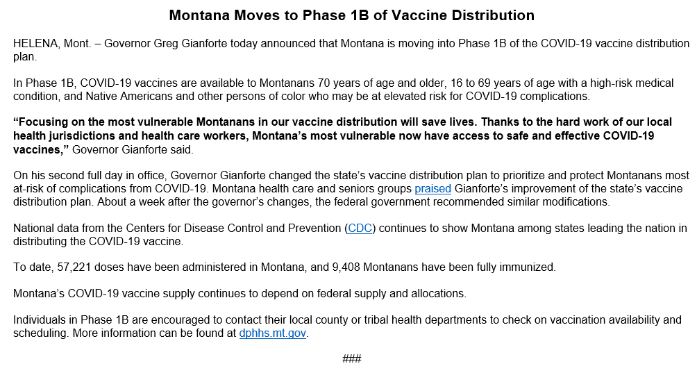 . @GovGianforte office says Montana is now in phase 1B for vaccine distribution. They say 1B folks should contact your local health department. Some counties already report being overwhelmed with calls and ask you to look for scheduling information online first.   #mtnews  #COVID19