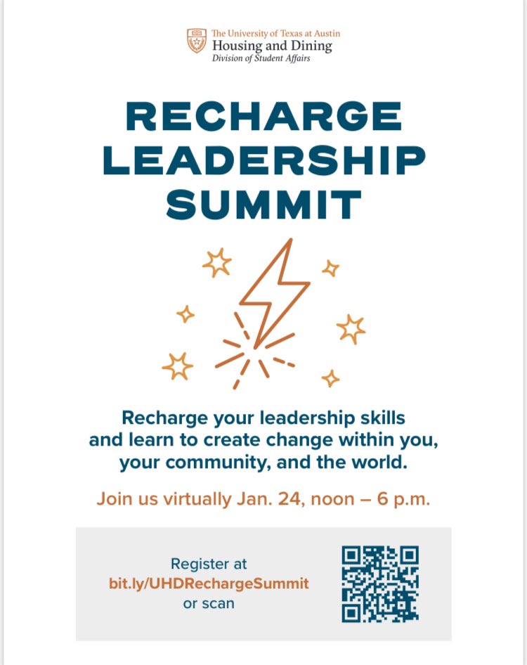 Welcome back #Longhorns!
Start your semester off on a positive note with ReCharge⚡️! This leadership summit is hosted by <a href="/UTHousing/">UT Housing</a> and is open to all student leaders! <a href="/UTexasStudents/">UT Student Affairs</a>