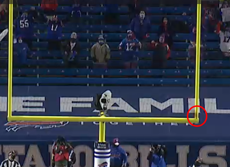 Here's how close Tucker's kick was to hitting both the opposite upright and the crossbar. Official has eyes right on it underneath, and it lands safely a foot or two in front of the upright