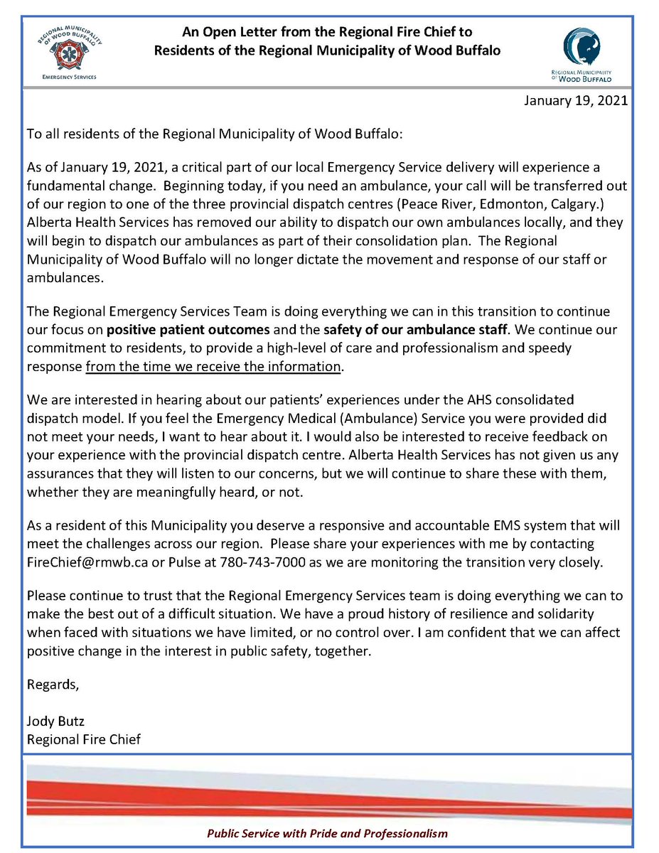 #RMWB please ready my open letter to all residents regarding the EMS Dispatch Transition. @FM_EmergService continues to provide you with a high level of care. Contact me to share your EMS or Dispatch experience. #PositivePatientOutcomes #SafetyOfOurStaff #KeepEMSDispatchLocal