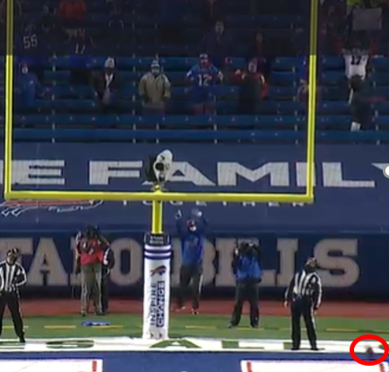 Here's how close Tucker's kick was to hitting both the opposite upright and the crossbar. Official has eyes right on it underneath, and it lands safely a foot or two in front of the upright