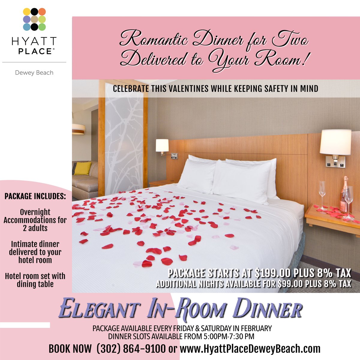 HyattPlaceDewey's tweet photo. Want to enjoy a romantic dinner for two and an escape to Dewey Beach? Our elegant in-room dinner package is now available to book online or by phone! Visit our website or call (302) 864-9100 to learn more. Only available on Fridays and Saturdays in February. https://t.co/k2umRQX6SK