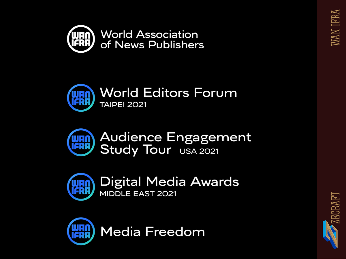 ZeCraft's tweet photo. We reduced the Wan Ifra hierarchy, instead of three levels, we have now two levels, who highlight the communities and events. The blue-green gradient expresses multiplicity, hinting the various facets of @NewspaperWorld's activities. https://t.co/lI6YQEX2on https://t.co/1fFuG30Zu6