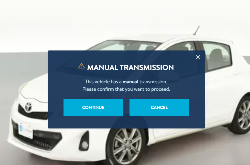 CarBibles's tweet photo. ....how.....how many accident stick-shift purchases happened before Carvana added in this dialogue box? 👀 https://t.co/CBN8dm9gkt