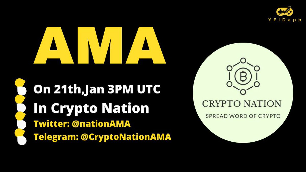 YfiDapp's tweet photo. Don't miss our AMA with Crypto Nation Community after 1 day. Do not miss it, you can also submit your questions 👇👇

⏰ 21 January, 2021 | 3 PM UTC in https://t.co/IOQZgD9Cvk
🎁 Rewars: $50 in YFID 

#YFIDapp $YFID #crypto #defi https://t.co/VKrbhxuX9n