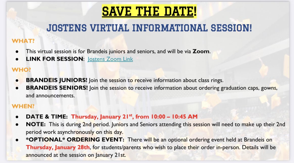 NISDBrandeis's tweet photo. Attention Brandeis Juniors and Seniors - class ring, graduation caps/gowns and announcement Zoom meeting information. https://t.co/lQ6L21vxuB