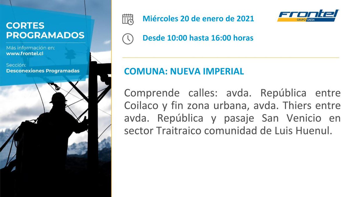 Frontel_'s tweet photo. Recordamos: El miércoles 20 de enero de 2021 se hará #CorteProgramado en calles avda. República, avda. Thiers y aledaños, #NuevaImperial. Agradecemos tu comprensión: Estos trabajos son parte del plan de mejoramiento para asegurar el servicio a nuestros clientes. https://t.co/0xUFd2xBeZ