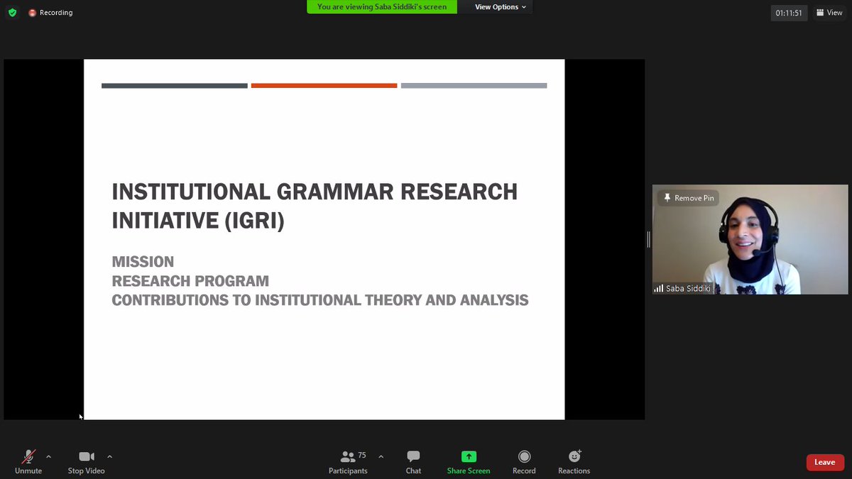raulpacheco's tweet photo. Finally , Dr. Saba Siddiki presents on the Institutional Grammar Research Initiative (IGRI) which focuses on extending and furthering the work of Sue Crawford and Elinor Ostrom who developed the Institutional Grammar Tool (IGT) to study institutions #IGRI https://t.co/ZCOYyD4F9l https://t.co/IpLfpXcQOk