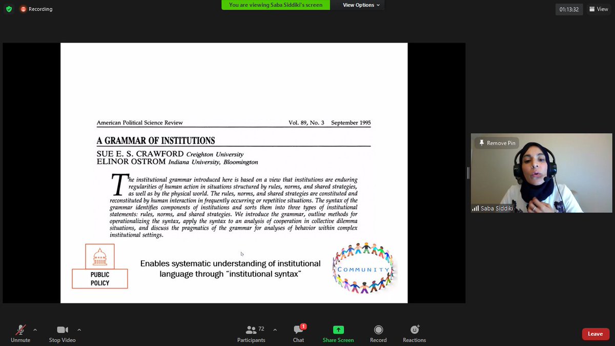 raulpacheco's tweet photo. Finally , Dr. Saba Siddiki presents on the Institutional Grammar Research Initiative (IGRI) which focuses on extending and furthering the work of Sue Crawford and Elinor Ostrom who developed the Institutional Grammar Tool (IGT) to study institutions #IGRI https://t.co/ZCOYyD4F9l https://t.co/IpLfpXcQOk