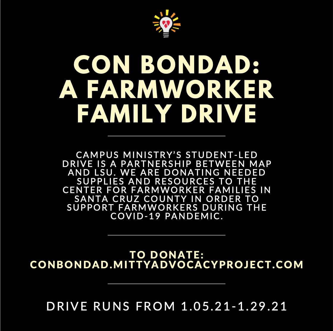AMHS_CM's tweet image. Campus Ministry's Con Bondad: A Farmworker Family Drive, is a partnership between MAP &amp;amp; LSU. We are donating needed supplies to the Center for Farmworker Families to support farmworkers during the pandemic. This drive will run until January 29th. Visit conbondad.mittyadvocacyproject.com