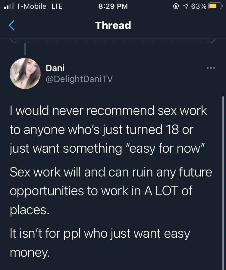 She also !!!! said she would never recommend sexwork to someone who just turned 18, but she encouraged me to make an onlyfans BEFORE I WAS 18 ??? she also promoted my SW twitter when i first made it, but i believe the tweet has been since deleted.