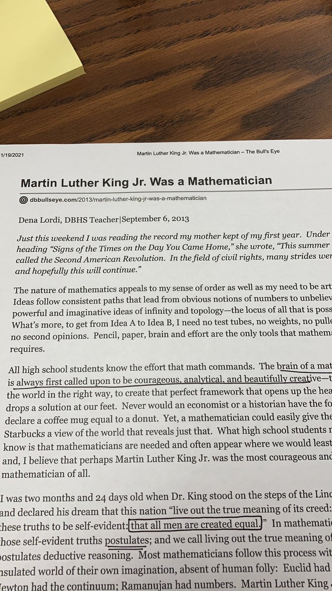 Read this with my students today. “The brain of a mathematician is always first called to be courageous, analytical, and beautifully creative...Martin Luther King Jr. was the most courageous and perceptive mathematician of them all.” #iteachmath