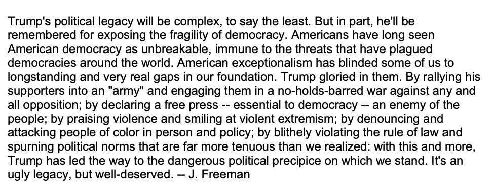jbf1755's tweet photo. So...I was asked to contribute to a USA Today article about DJT's legacy. It may be coming out tomorrow.

And this is what I sent them.

On this last full day of his presidency, it seems like the time to pass it along. https://t.co/OwZBqMR71E