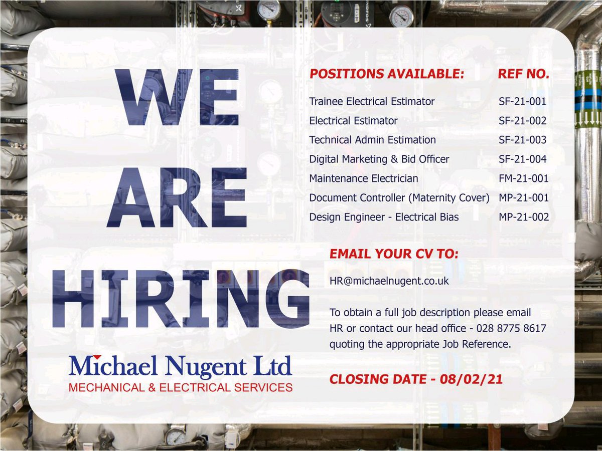 MICHAELNUGENTLT's tweet photo. 🔵WE ARE HIRING🔵

Due to a strong pipeline of work and foreseeable future opportunities we have a number of job vacancies. 
To apply or obtain a full job description please email hr@michaelnugent.co.uk or contact our head office quoting the appropriate Job Reference. https://t.co/v4fXNozODh