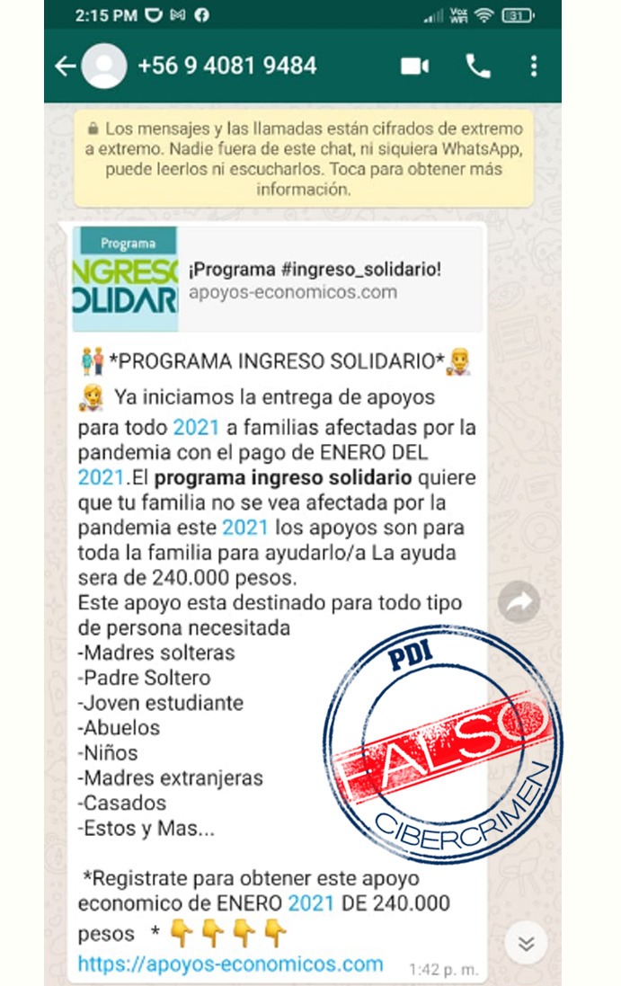 PDI_CHILE's tweet photo. ⭕ Continúan los engaños que intentan aprovecharse de la pandemia por #COVID-19.

Esta imagen 👇 es un mensaje #Falso que circula por WhatsApp.

⭕Recuerda: 
#NoSigasElLink.
Corrobora la información en sitios web oficiales y sus redes sociales. https://t.co/Jwdq37qeSx