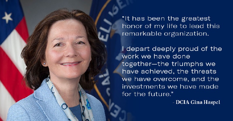 CIA's tweet photo. The #CIA workforce thanks Director Haspel for her 36 years of dedicated service to the American people. 
 
You have broken barriers and empowered the next generation of CIA officers. https://t.co/ELzP8XzIKt