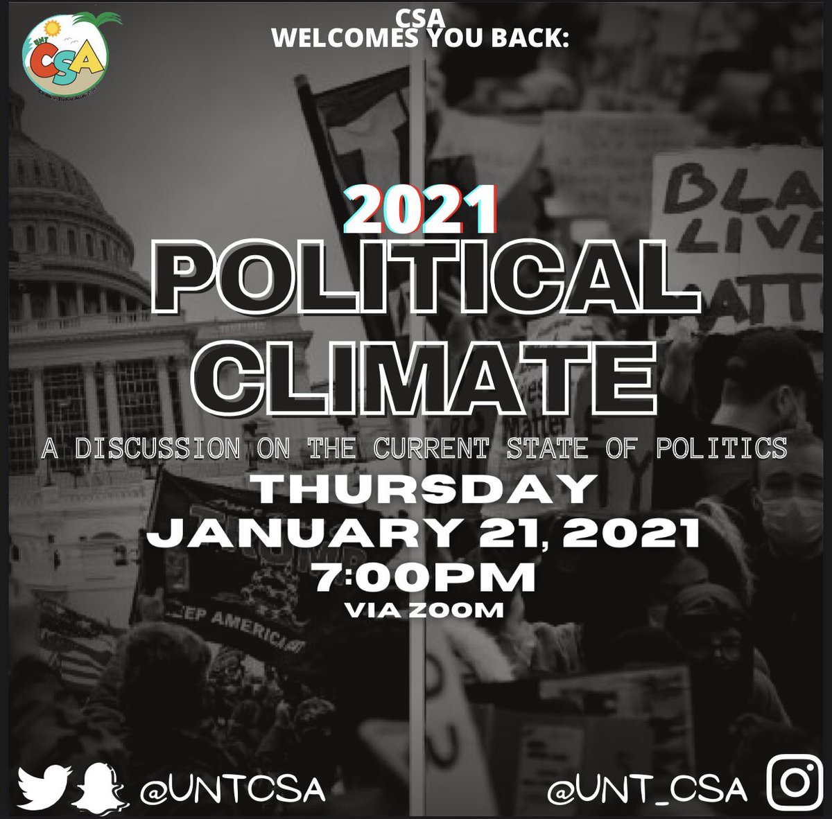 UNTCSA's tweet photo. Welcome back CSA Fam❕We’re excited to see everyone for our first meeting of the semester ❕ Thursday at 7pm (zoom link with be provided Thursday) See allyuh there ❕ #WELCOMEBACK #UNTCSA #UNT https://t.co/t8ISwQdusO