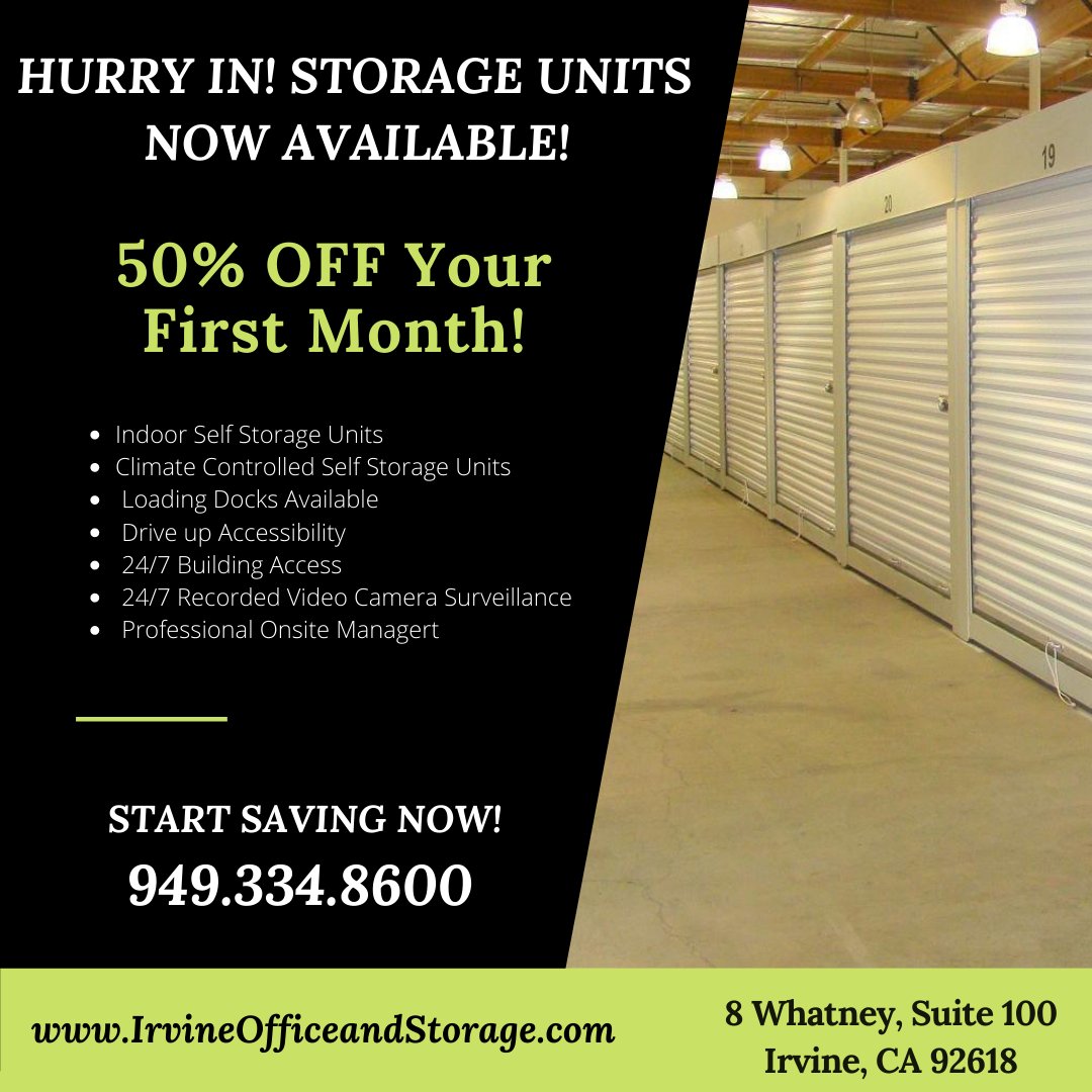 Attention entrepreneur's we have storage units available now! 📦 You can now have the best of two worlds in one single location for your startup business. 
CALL 949.334.8600 TO SCHEDULE A TOUR! OUR STORAGE UNITS DON'T COME OFTEN, THESE WILL RENT FAST!
IrvineCoworking.com