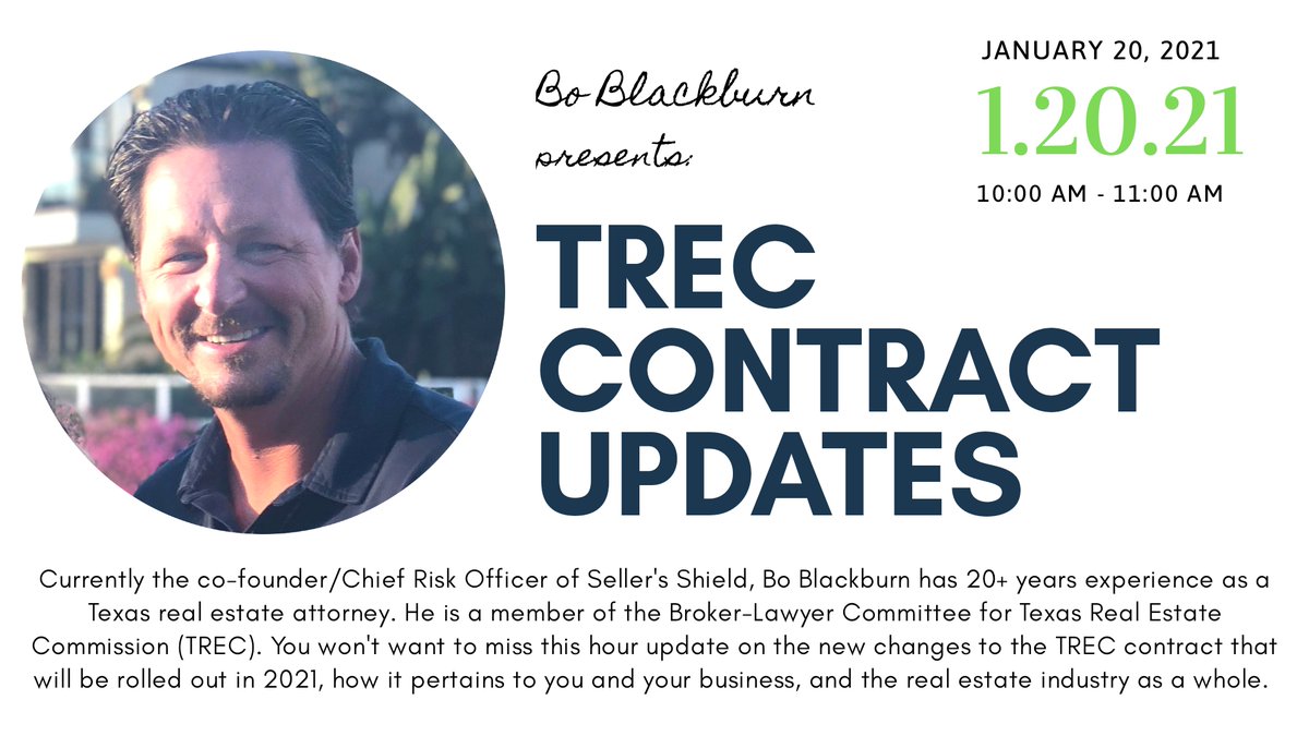 Sellers_Shield's tweet photo. ATTN: Texas agents, don't miss out on tomorrow's free webinar! Register now!

Join us at 10 AM CST with Sellers Shield's Co-Founder and Chief Risk Officer, Bo Blackburn. Bo will be discussing all the new  @TRECommission Contracts Updates.

https://t.co/4e6CCmkyto https://t.co/aHndqkB8X6