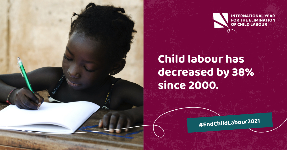 ilo's tweet photo. Child labour has decreased by 38% since 2000, from 246 to 152 million children. International awareness is growing. Our goal to eliminate #childlabour is within reach. 

Join us to help achieve our goal: https://t.co/YFldofgeoC 

#EndChildLabour2021 https://t.co/4kdZi8DYDd