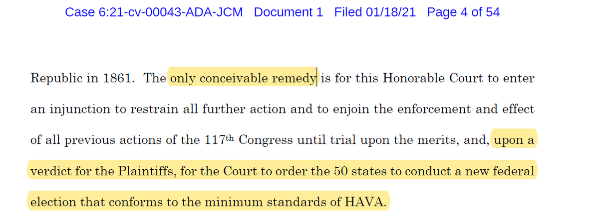 "The only conceivable remedy is...for the Court to order the 50 states to conduct a new federal election that conforms to the minimum standards of HAVA."That's an inconceivable remedy. And, yes, Inigo. I know what inconceivable means.