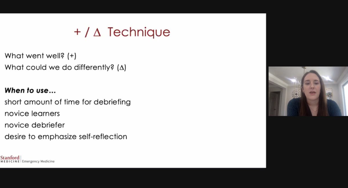 More Debreifing pearls from @KRoszczynialski -- Plus/delta can be a helpful debreifing technique when you have novice learners who don't know WHY they did what they did. Just don't forget to reinforce the positives! What actions/behaviors do you want them keep for the future?