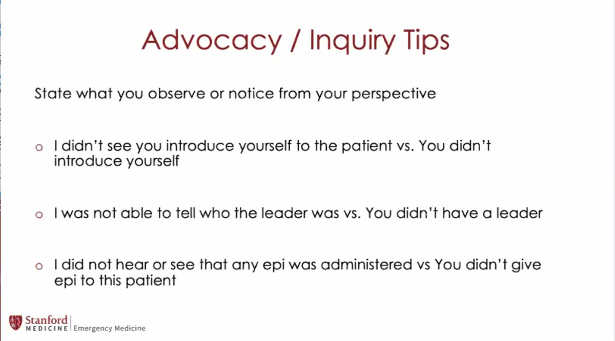 Love this tip from @KRoszczynialski! Make sure to comment from YOUR perspective in Advocacy/Inquiry debreifing. 'I didn't see' gives learners the benefit of the doubt. Maybe it happened but you didn't see it... Prevents defensiveness and keeps learners open to learning!