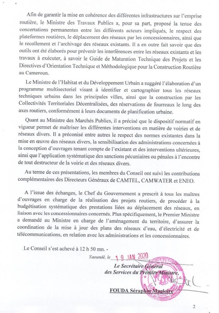 CameroonPm237's tweet photo. ... de la réalisation des projets routiers, de procéder à la budgétisation systématique des prestations liées au déplacement des réseaux, en liaison avec les concessionnaires concernés. 2/2
#Conaroute
#DionNgute
#Cameroun https://t.co/mZLhn0sfPo