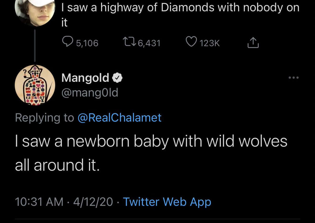 April 12, 2020 -  @RealChalamet tweets lyrics to “A Hard Rain’s A-Gonna Fall” & James Mangold replies with the next line  https://twitter.com/realchalamet/status/1249239751514714113