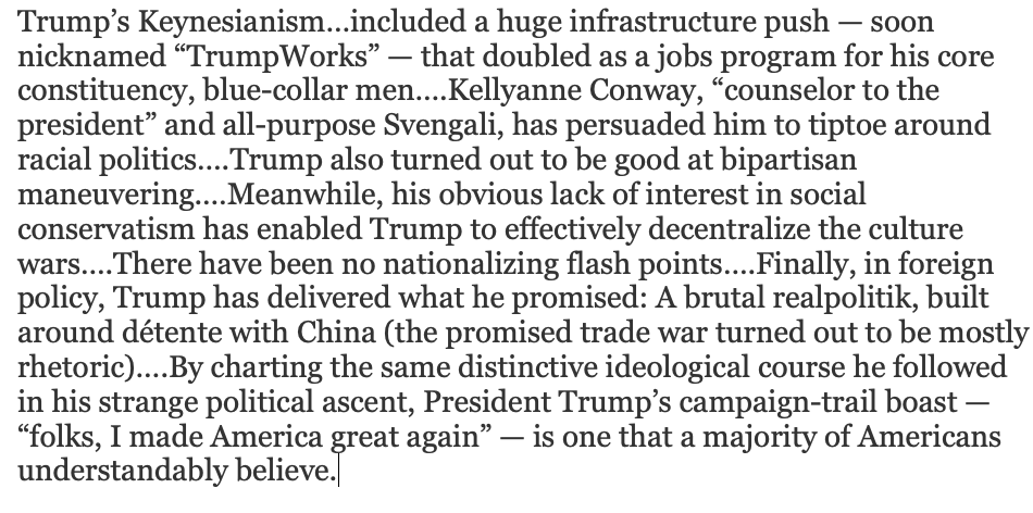 KBAndersen's tweet photo. There should be an annual anthology of opinion pieces that age badly. The 2021 edition could include @DouthatNYT's FUN column from November 12, 2016,  "He Made America Feel Great Again," in which he pretended he was writing in 2020 after Trump's re-election. Some highlights. https://t.co/F065vdym0O
