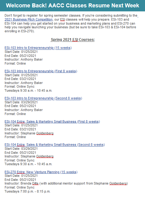 AaccEsi's tweet photo. Can you believe the spring semester starts next week?? Don't wait to sign up for classes, below is a list of ESI courses offered this spring. Some of these classes can help you if you're planning to compete in our upcoming Business Pitch Competition! https://t.co/X9AfrD2Use https://t.co/8P4mIiRZeV