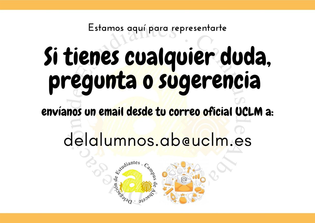 Delegación Campus AB (@campusalbacete) on Twitter photo Desde la Delegación de Estudiantes del Campus de Albacete, te recordamos que si tienes cualquier duda, pregunta o sugerencia puedes enviarnos un email desde tu correo oficial UCLM a: delalumnos.ab@uclm.es ✉️ Desde la Delegación de Estudiantes del Campus de Albacete, te recordamos que si tienes cualquier duda, pregunta o sugerencia puedes enviarnos un email desde tu correo oficial UCLM a: delalumnos.ab@uclm.es ✉️