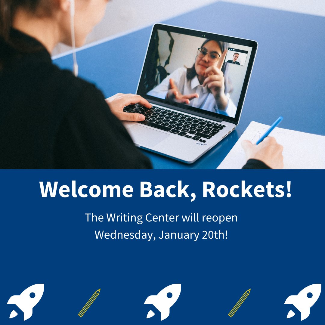 UToledoWC's tweet photo. Welcome back, Rockets! We hope you had a wonderful break. The Writing Center will reopen TOMORROW, January 20th. We can't wait to work with you!
#UToledo #UToledoWC #WritingCenters #GoRockets https://t.co/kF0yqEYWks