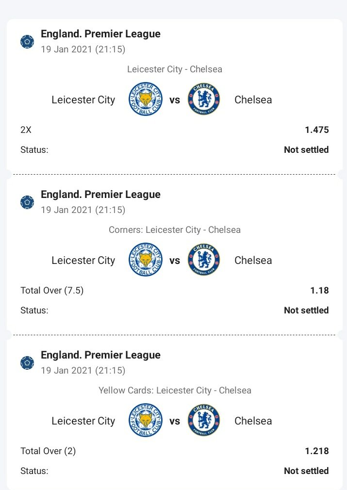 MisturBETs on X: LEICESTER CITY 🆚️ CHELSEA Bet Builder: *Chelsea Win/Draw  * Over 2.0 Yellow Cards *Over 7.5 Corners 1xBet Booking- VTKF2 Get On 👉   #MisturBets  / X