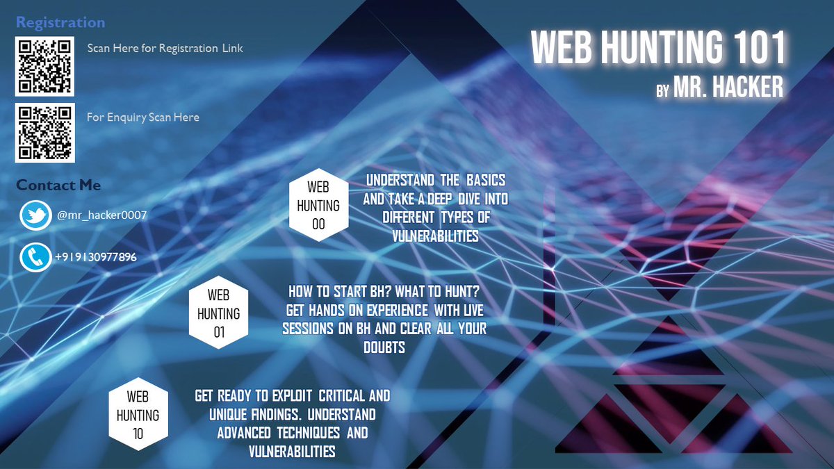 mr_hacker0007's tweet photo. Hello Guys! Finally the "Web Hunting - 101" course is open for Registration from 20/01/2021. 🤟
Register at : https://t.co/LQNV9xUZAB
Enquiry : https://t.co/DfGkx2ZTza https://t.co/O14IbcEIps