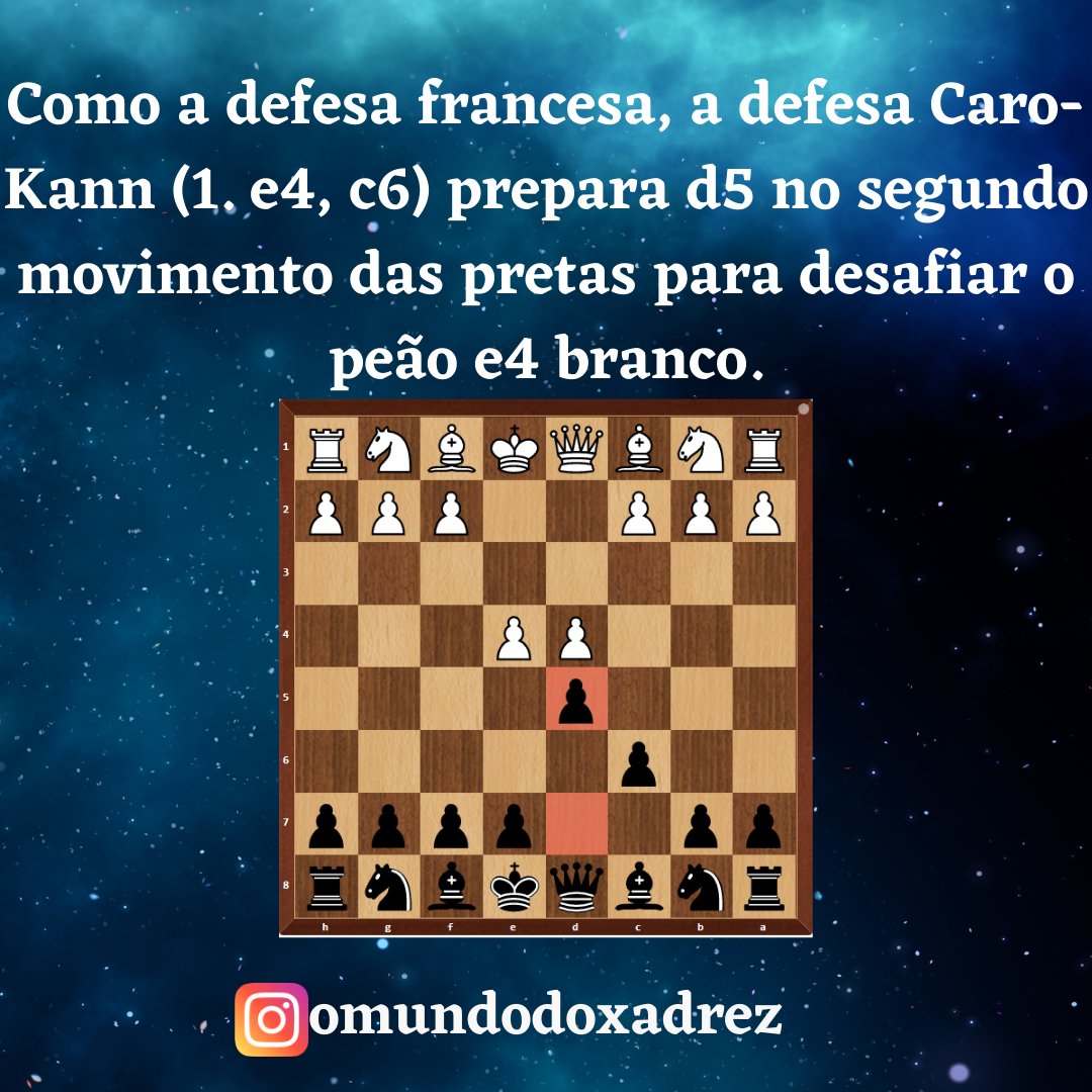 O mundo do xadrez on X: Hoje vamos conhecer um pouco sobre a Defesa Caro- Kann 👨🏻‍💻 Arraste para o lado 👉 #xadrezbrasil #xadrez #xequemate #xeque  #mate #omundodoxadrez #chess #estudarxadrez  / X